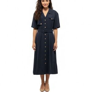 Navy Button-Up Belted Midi Dress – Short Sleeve Vintage Inspired Size 4